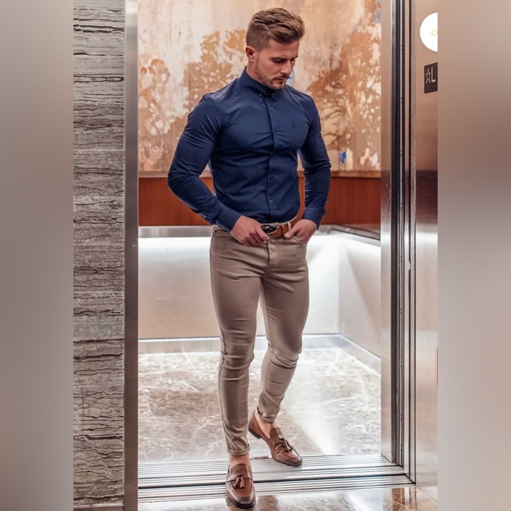 FATHER SONS SLIM STRETCH BEIGE SATEEN TROUSERS - FSH407